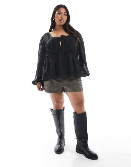 ASOS DESIGN Curve sheer yoke ruched detail blouse in black, 3 of 4