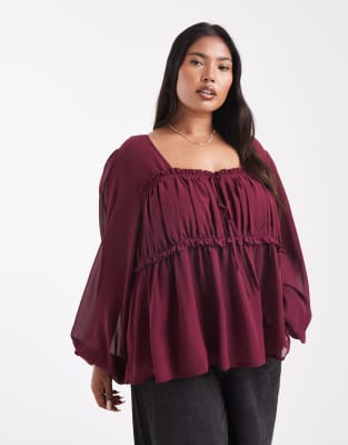 ASOS Curve ASOS DESIGN Curve sheer yoke ruched detail blouse in burgundy-Red