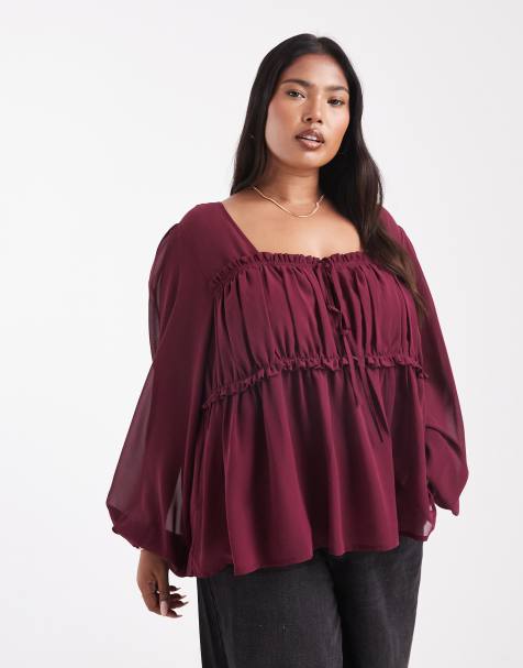 ASOS DESIGN Curve sheer yoke ruched detail blouse in burgundy - view 1