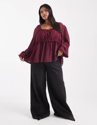 Asos Curve Asos Design Curve Sheer Yoke Ruched Detailing Blouse In Burgundy