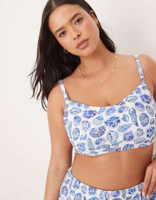 ASOS DESIGN Curve - Shelina - Bikini-Crop-Top mit Muschel-Print-Blau