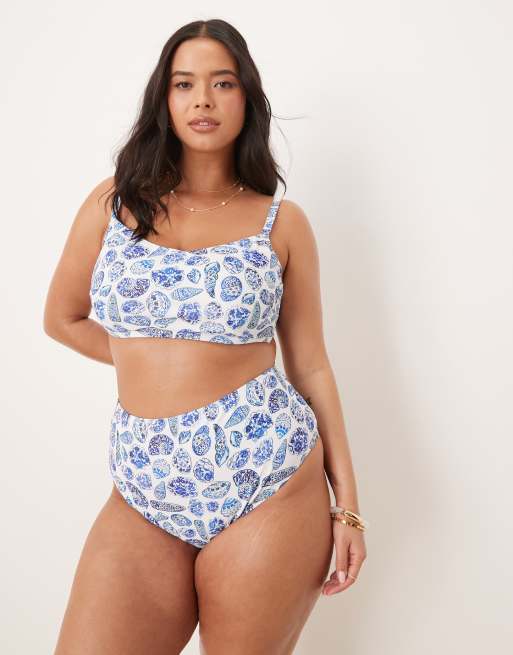 ASOS DESIGN Curve - Shelina - Hoog opgesneden bikinibroekje in schelpenprint