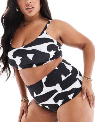 ASOS DESIGN Curve - Sheri - Bikinihose mit hohem Bund und abstraktem Muster in Schwarz-Weiß-Bunt