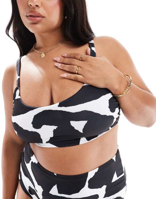 ASOS DESIGN Curve – Sheri – Svartvit, kort bikiniöverdel med abstrakt mönster