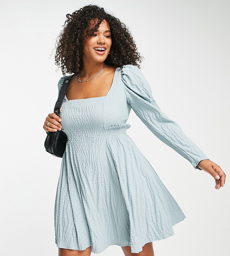Asos Curve Asos Design Curve Shirred Babydoll Dress In Texture In Dusty Blue