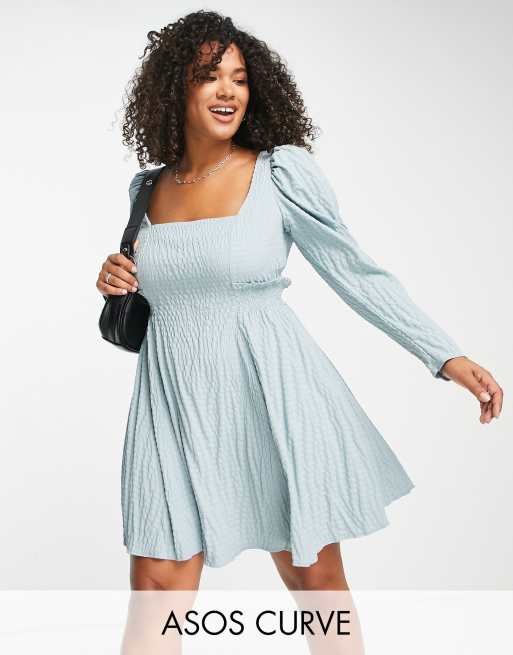 ASOS DESIGN shirred babydoll dress in texture in blue | ASOS