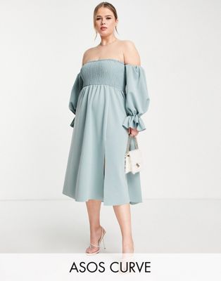 ASOS DESIGN  Curve shirred bardot blouson sleeve prom midi dress in grey blue