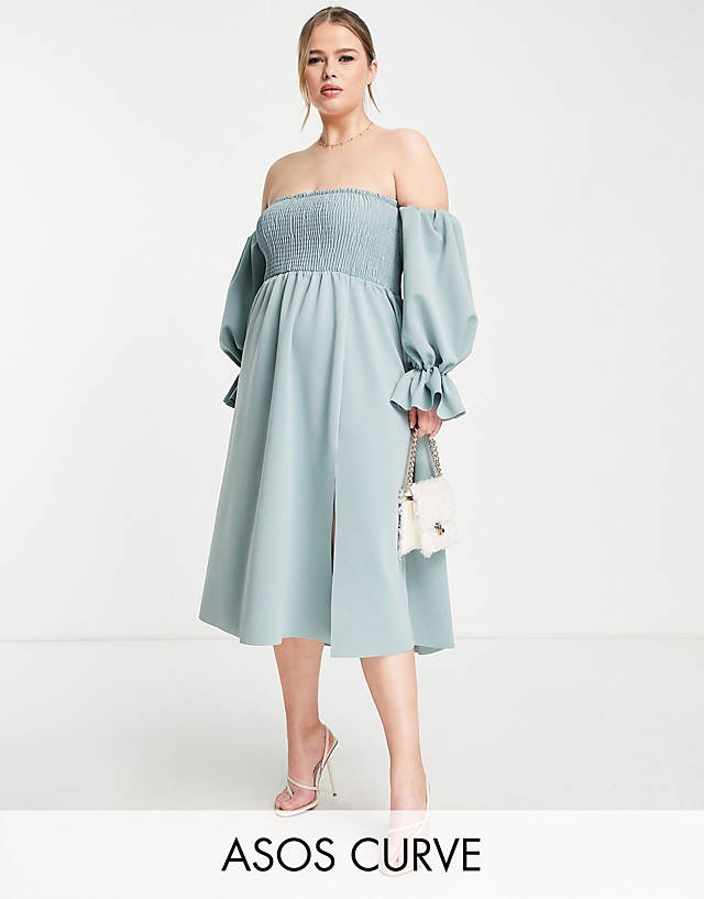 ASOS Curve - ASOS DESIGN  Curve shirred bardot blouson sleeve prom midi dress in grey blue