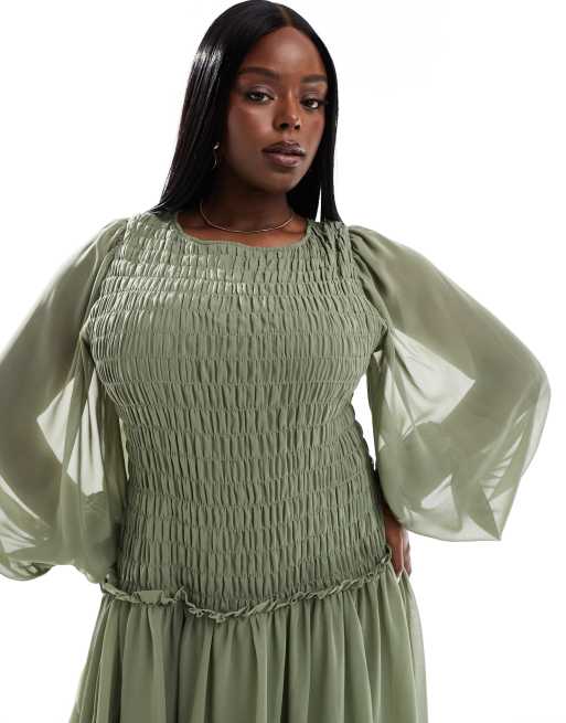 ASOS DESIGN Curve shirred bodice tie up back midi dress in green