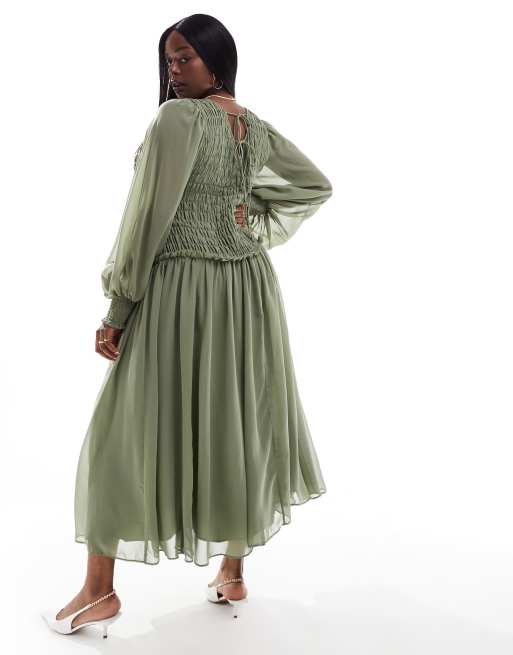 ASOS DESIGN Curve shirred bodice tie up back midi dress in green