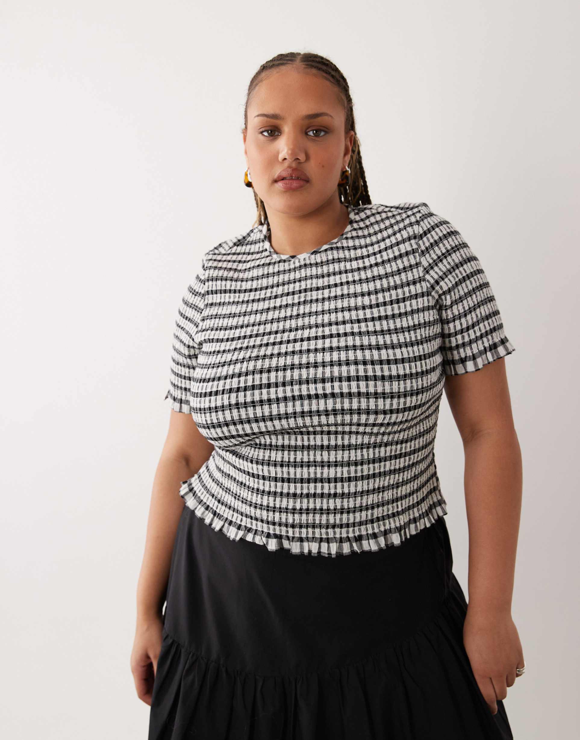 asos design curve shirred bow detail short sleeve top in gingham