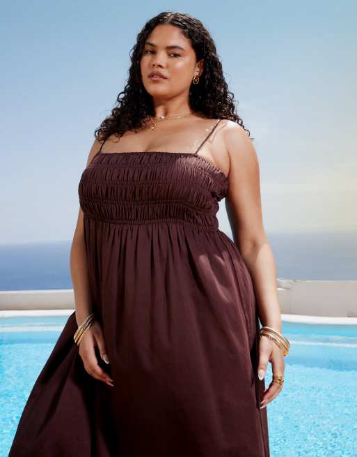 ASOS DESIGN Curve shirred bust cotton sateen maxi dress in chocolate, 3 of 4