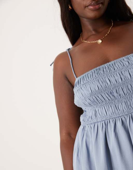 ASOS DESIGN Curve shirred bust cotton sateen maxi dress in denim blue