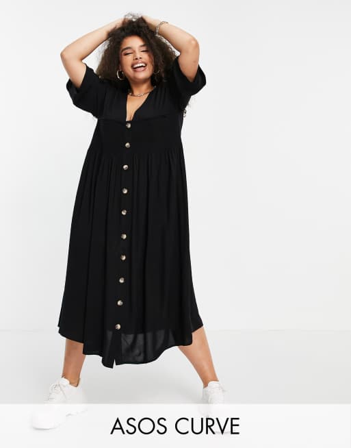 ASOS DESIGN Curve shirred button down midi smock dress in black