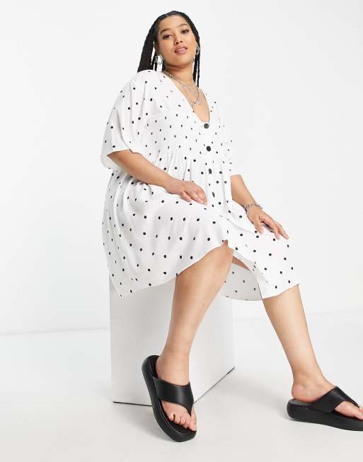 ASOS DESIGN Curve shirred button up mini smock dress in mini polka dot ASOS