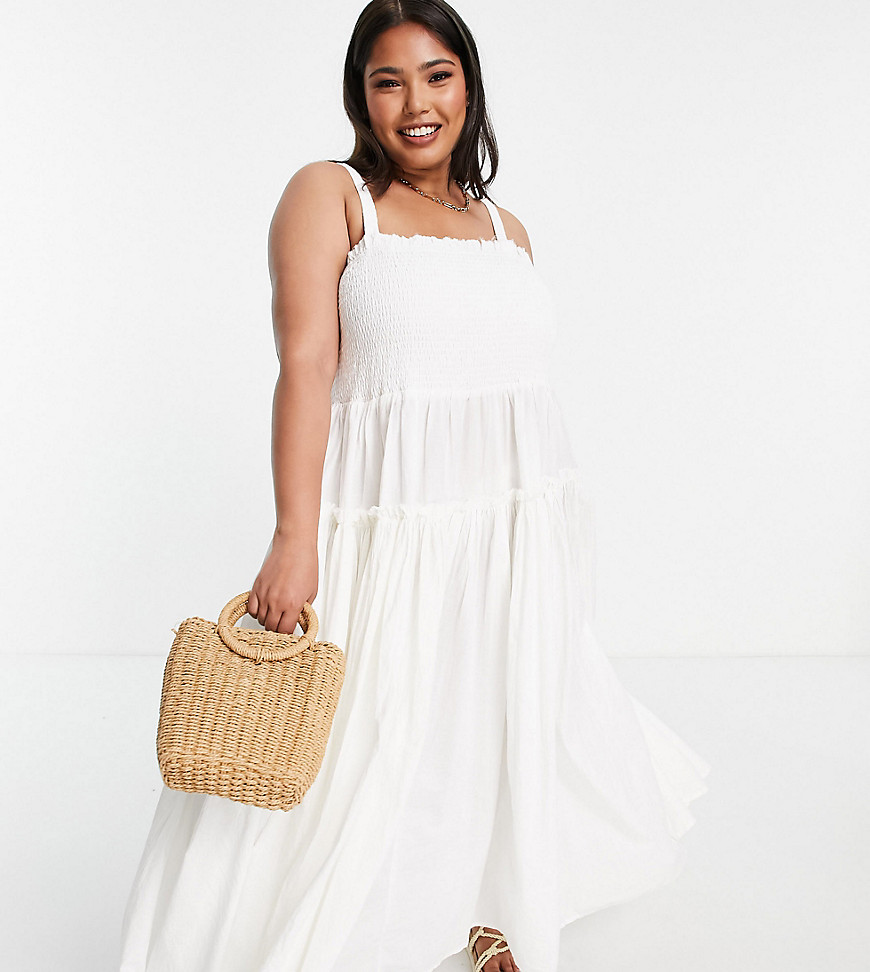 ASOS DESIGN Curve shirred cami midi sundress with raw edges in white