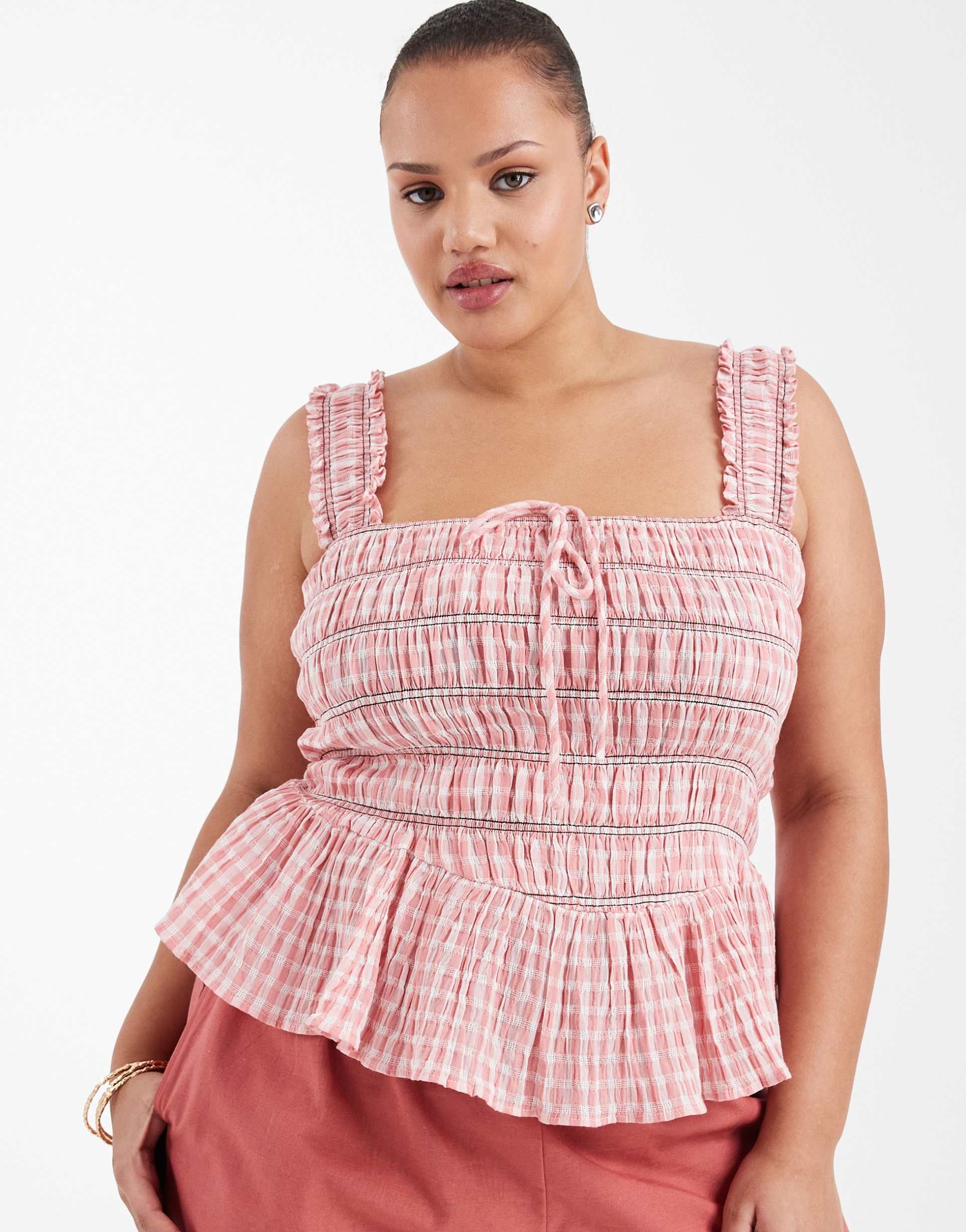 asos design curve shirred channel wide strap cami in gingham