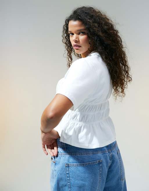 ASOS DESIGN Curve shirred corset waist t-shirt in white