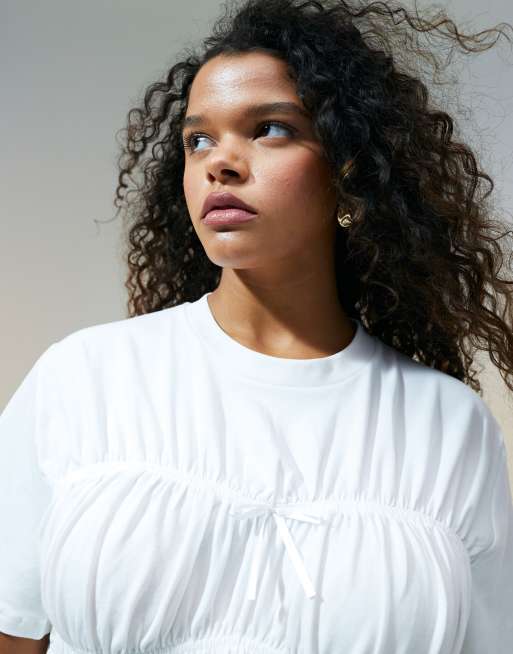 ASOS DESIGN Curve shirred corset waist t-shirt in white