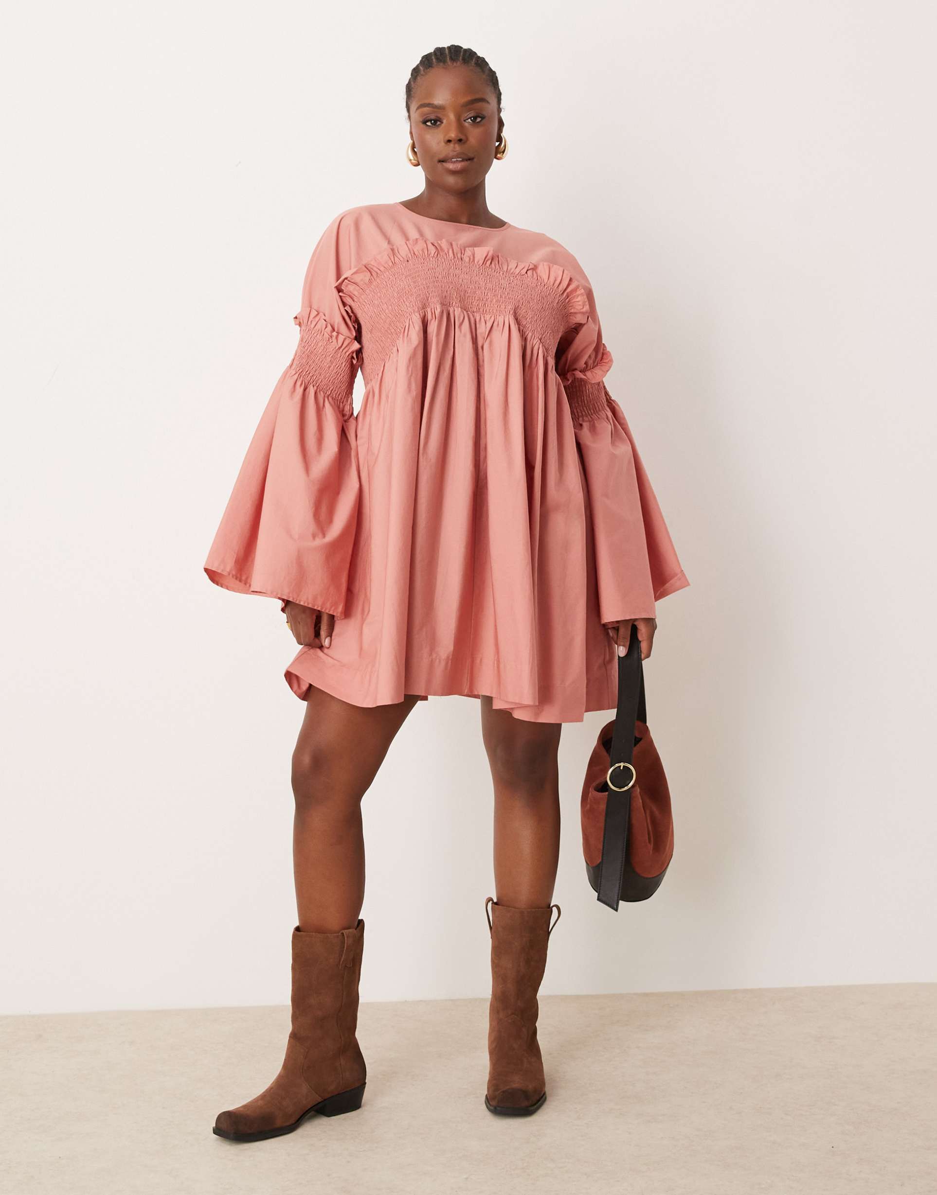 asos design curve shirred cotton mini dress with flare sleeve in rose