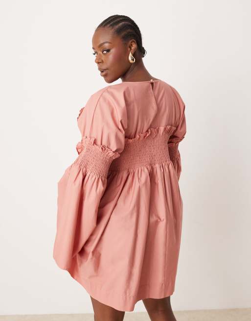 ASOS DESIGN Curve shirred cotton mini dress with flare sleeve in rose, 3 of 4