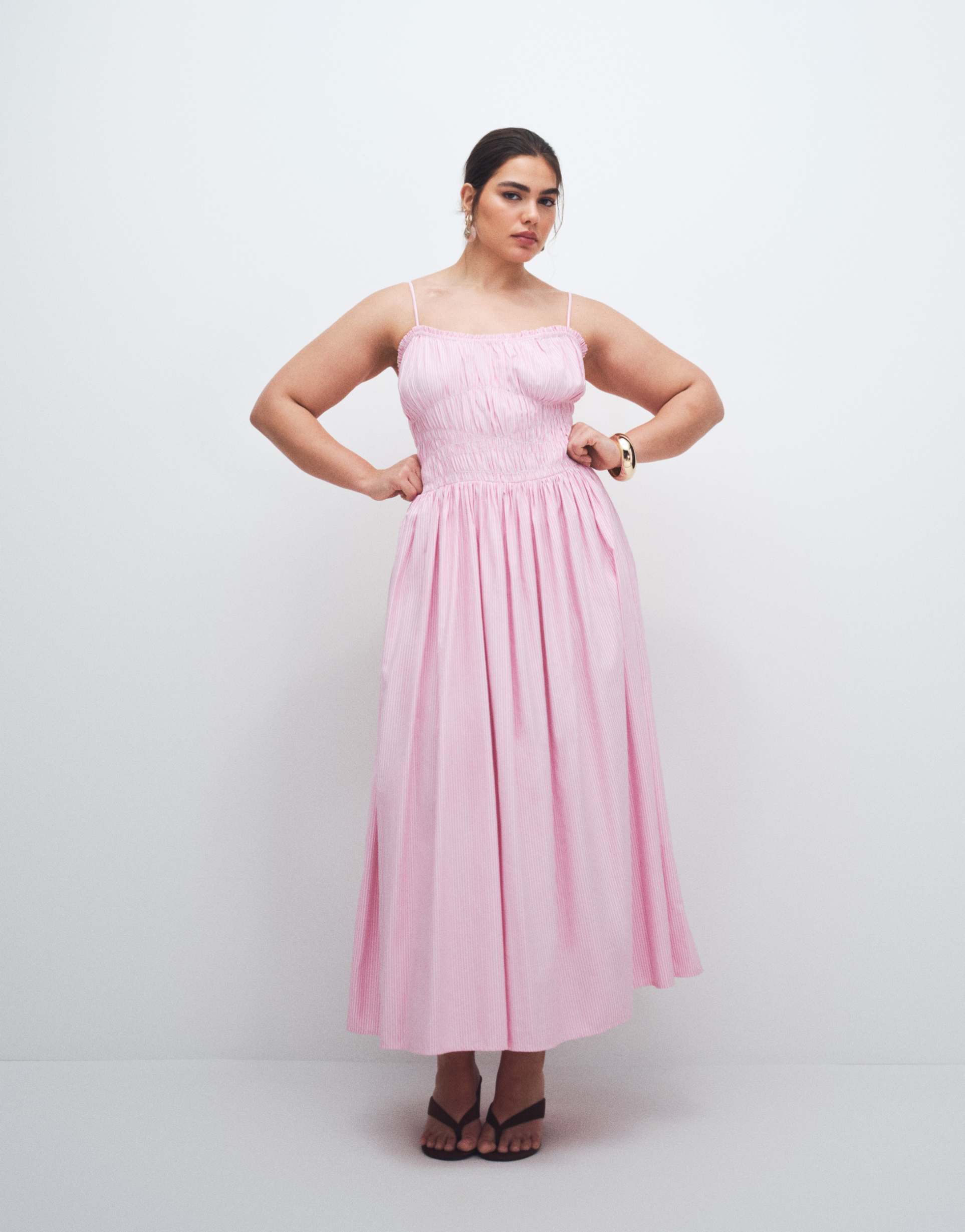 asos design curve shirred cotton poplin midaxi sundress with dropped waist in pink stripes