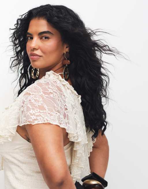ASOS DESIGN Curve shirred lace overlay tie back top in cream, 2 of 7