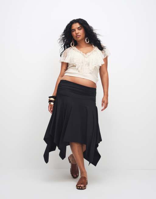 ASOS DESIGN Curve shirred lace overlay tie back top in cream, 3 of 7