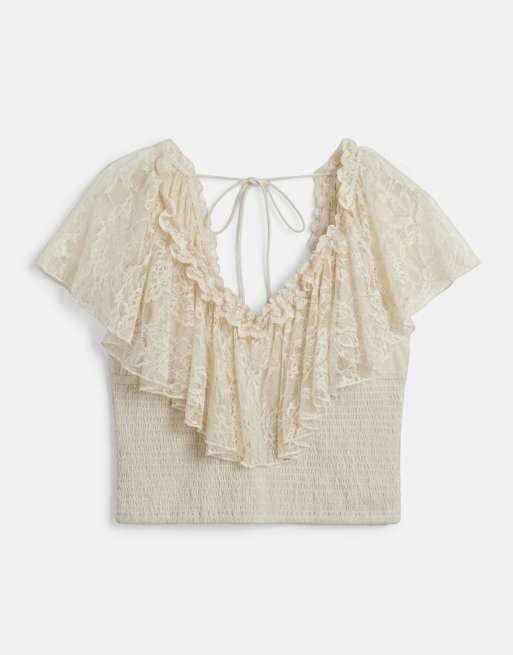 ASOS DESIGN Curve shirred lace overlay tie back top in cream, 5 of 7