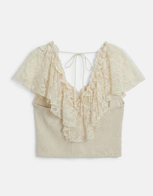 ASOS DESIGN Curve shirred lace overlay tie back top in cream, 6 of 7