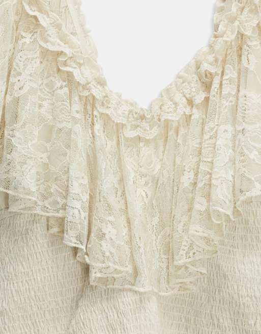 ASOS DESIGN Curve shirred lace overlay tie back top in cream, 7 of 7
