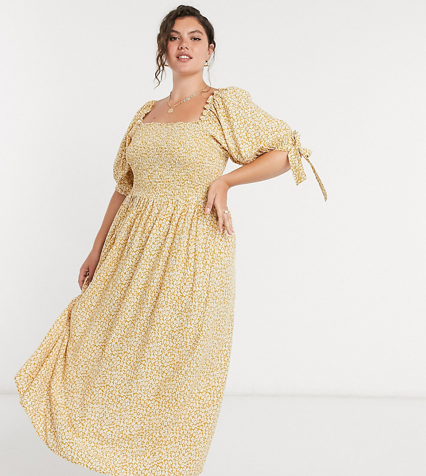 Asos Curve Asos Design Curve Shirred Maxi Dress In Mustard Ditsy Floral Print-multi