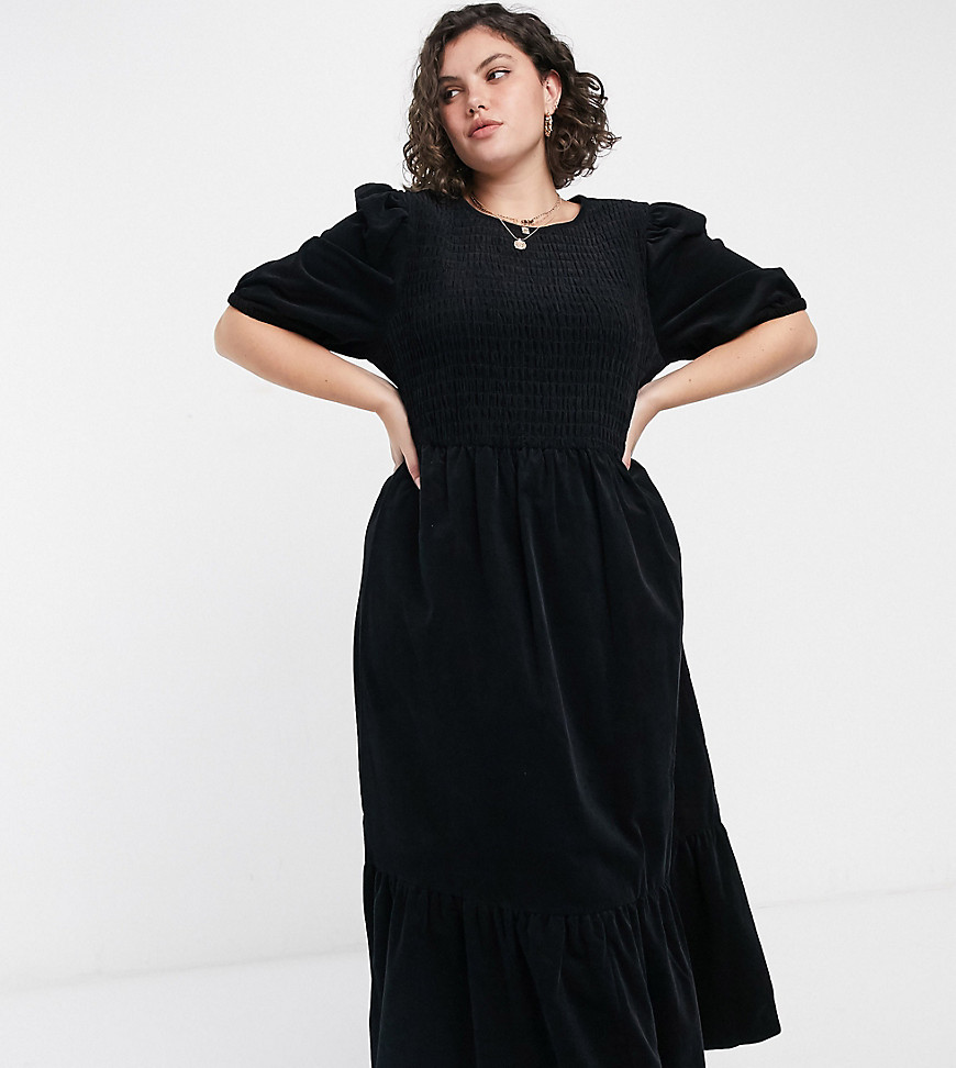 Asos Curve Asos design curve shirred maxi smock dress in cord in black