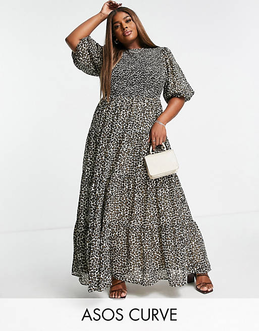  Curve shirred tiered maxi dress in animal print 