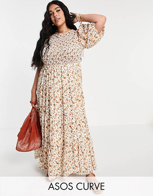 ASOS DESIGN Curve shirred tiered maxi dress in cream floral print