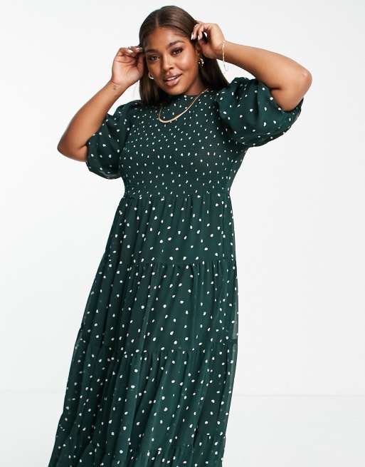 ASOS DESIGN Curve shirred tiered maxi dress in green spot print