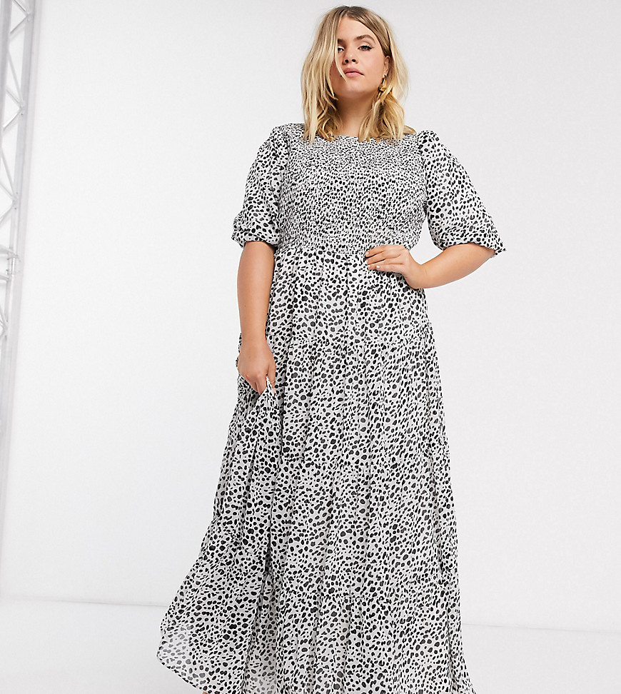 ASOS DESIGN Curve shirred tiered maxi dress in mono spot print-Multi