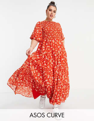 ASOS DESIGN Curve shirred tiered maxi dress in red floral print-Multi