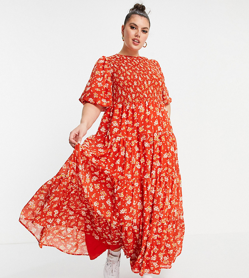 ASOS DESIGN Curve shirred tiered maxi dress in red floral print-Multi