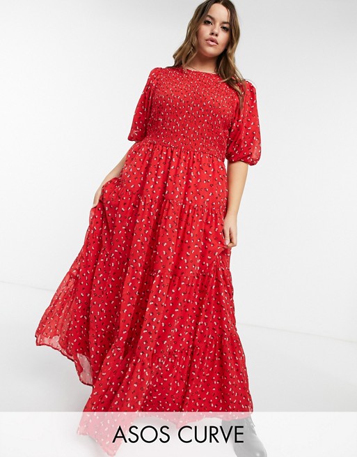 ASOS DESIGN Curve shirred tiered maxi dress in red print
