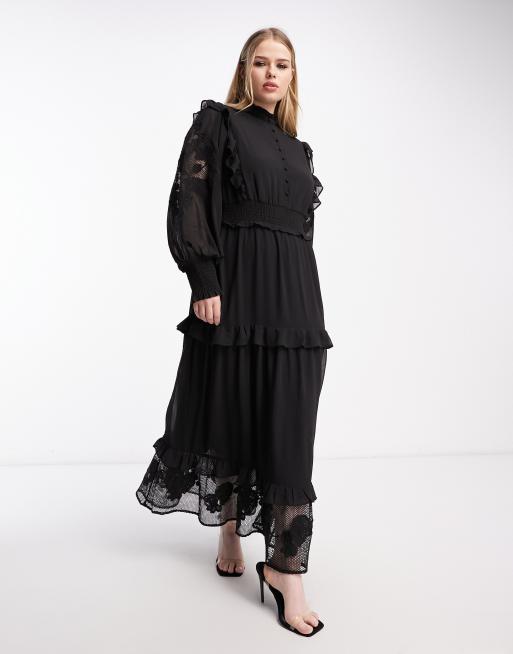 ASOS DESIGN Curve shirred waist fill tiered maxi dress with mesh embroidery in black