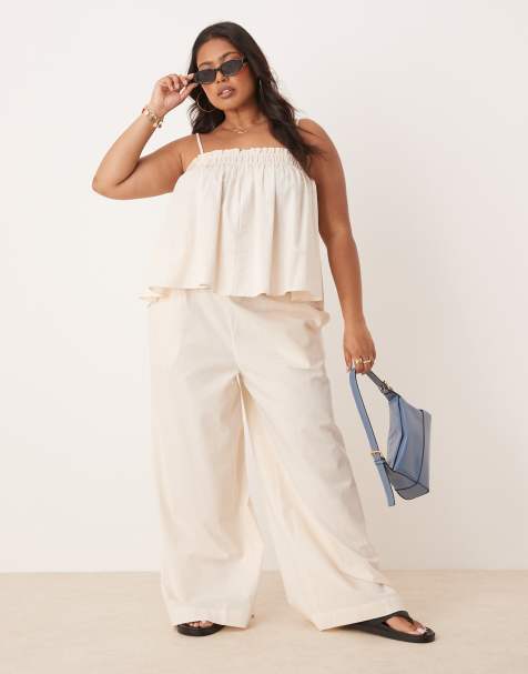 ASOS DESIGN Curve shirred waist pull on pants in cream (part of a set) - view 1
