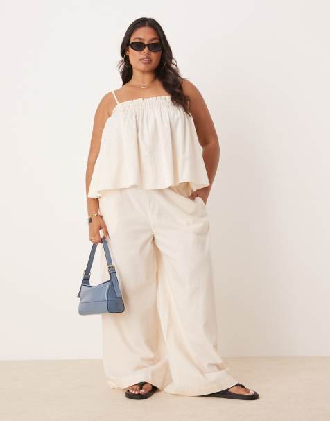 ASOS DESIGN Curve shirred waist pull on trousers & shirred cami co-ord in cream - view 1