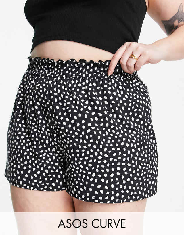 ASOS DESIGN Curve shirred waist short in mono spot print