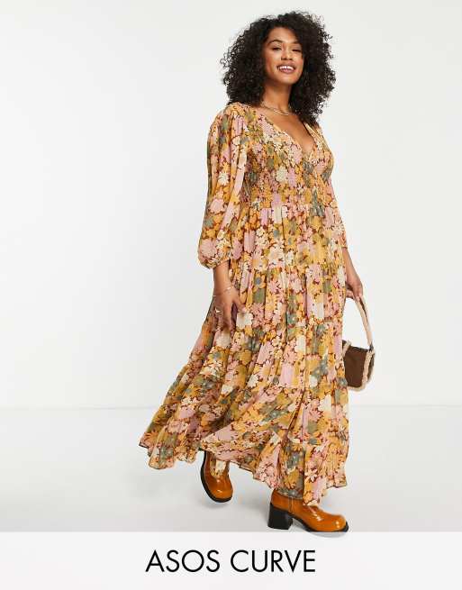 ASOS DESIGN shirred wrap tiered skirt maxi dress in mustard floral