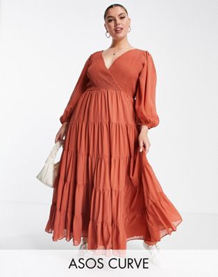 ASOS DESIGN Curve shirred wrap tiered skirt maxi dress in rust | ASOS