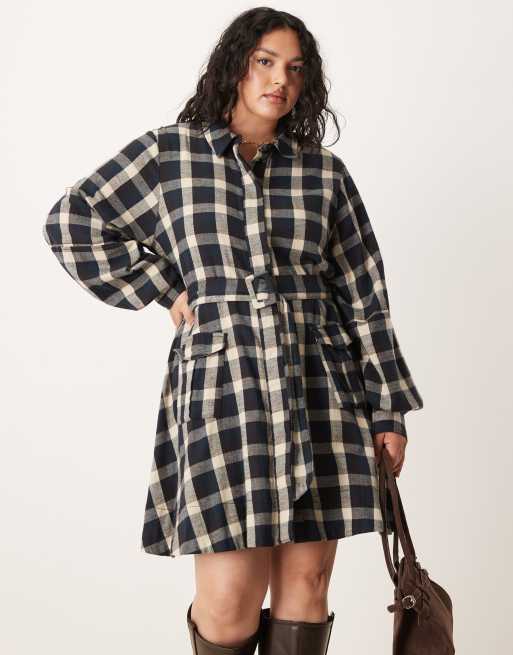 ASOS DESIGN Curve shirt mini dress with belt in black and tan check, 3 of 4