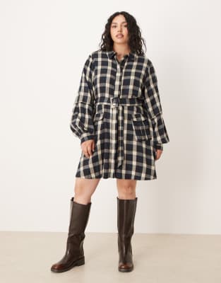 【正規品】Checked Shirt Mini Dress ASOS DESIGN Curve shirt mini dress with belt in black and