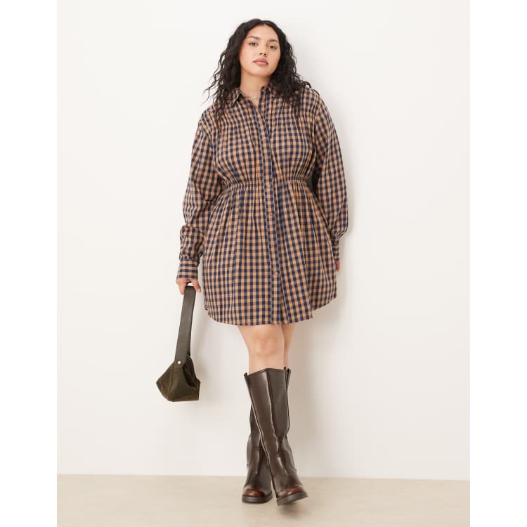 ASOS DESIGN Curve shirt mini dress with cinched waist in tan check