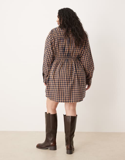ASOS DESIGN Curve shirt mini dress with cinched waist in tan check, 3 of 4